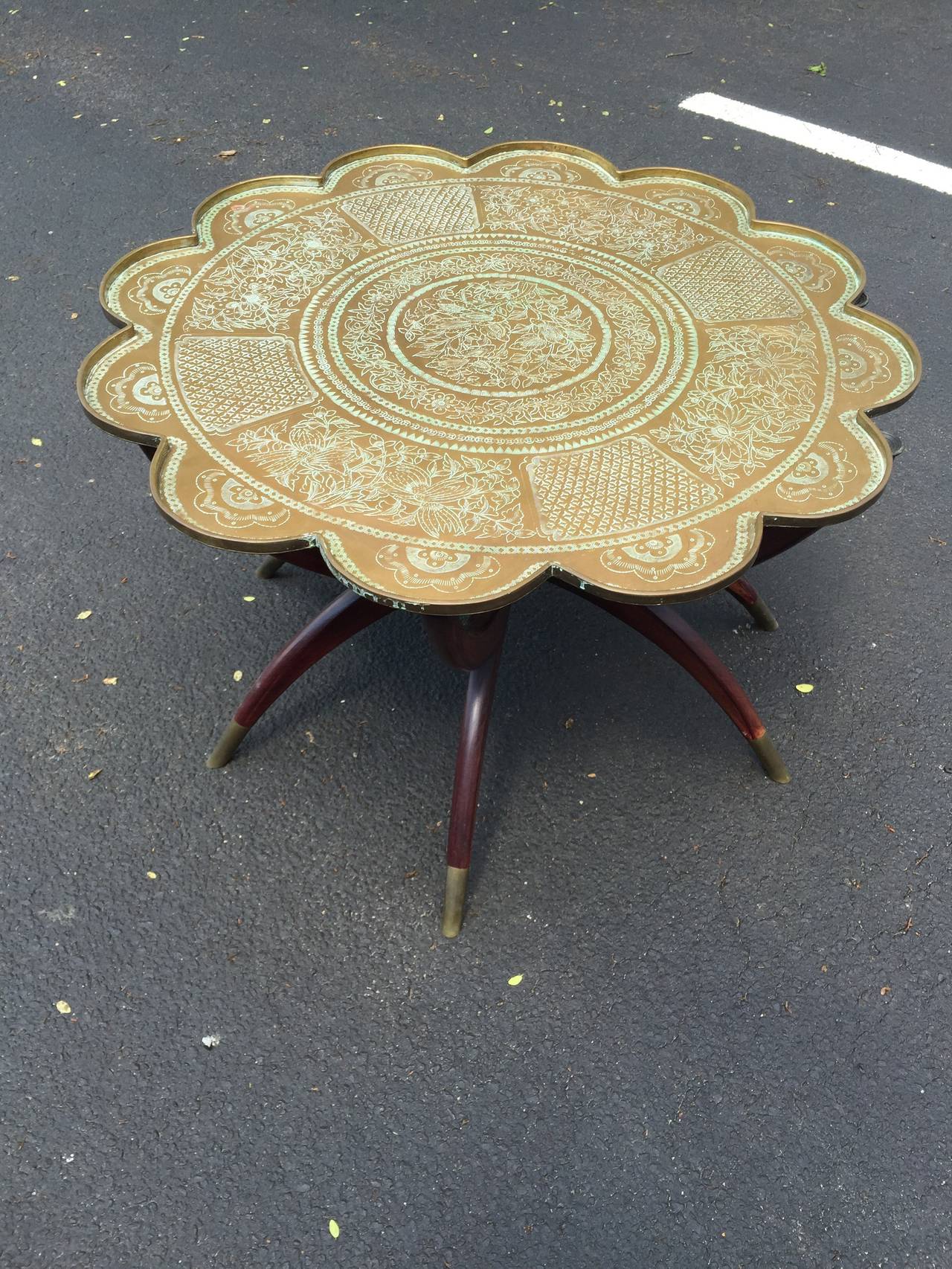 Unknown Brass Top Mid-Century Sculptural Wood Lotus Coffee Table