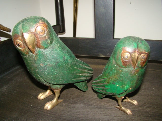 Folk Art Sergio Bustamante Wood & Brass Owl Sculpture Pair