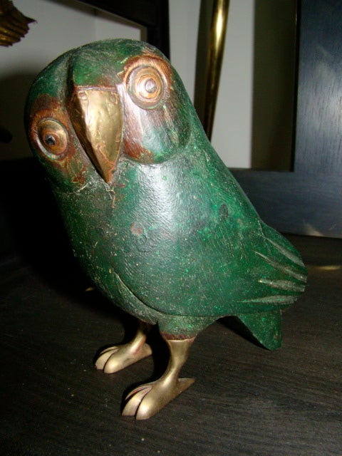 Mexican Sergio Bustamante Wood & Brass Owl Sculpture Pair
