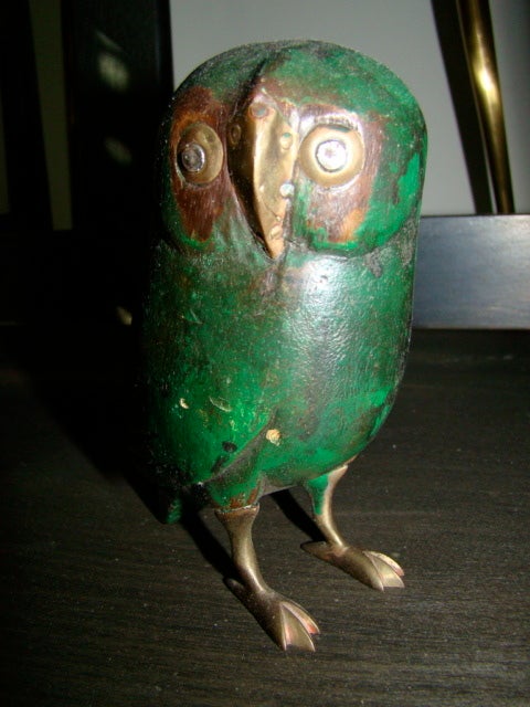 Late 20th Century Sergio Bustamante Wood & Brass Owl Sculpture Pair