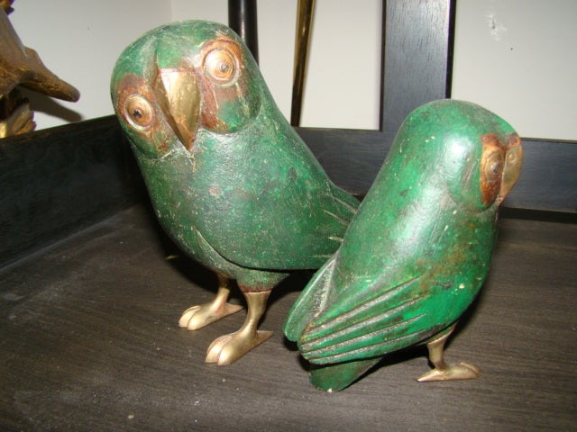 Sergio Bustamante Wood & Brass Owl Sculpture Pair 1