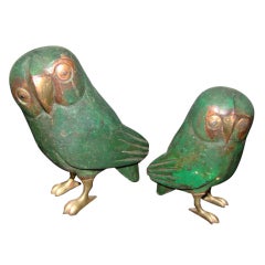 Sergio Bustamante Wood & Brass Owl Sculpture Pair