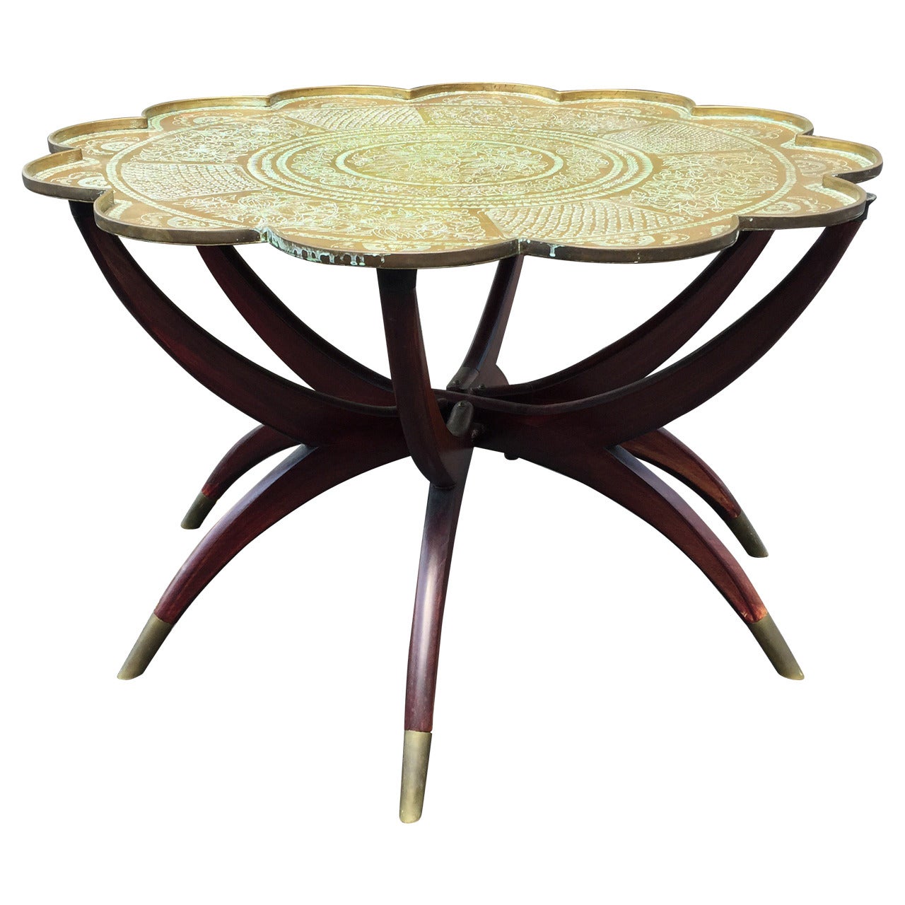 Brass Top Mid-Century Sculptural Wood Lotus Coffee Table