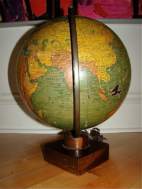 Mid-20th Century Art Deco Lighted Glass World Terrestrial Globe by Crams