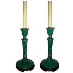 Pair of Mid Century Malachite Pottery Table Lamps
