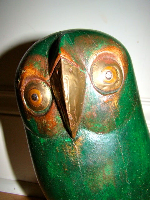 Mexican Sergio Bustamante Large Brass & Wood Owl Sculpture