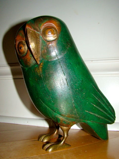 Sergio Bustamante Large Brass & Wood Owl Sculpture In Excellent Condition In Atlanta, GA
