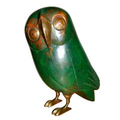 Sergio Bustamante Large Brass & Wood Owl Sculpture