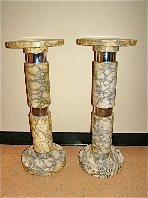 Italian Marble & Chrome Pedestal Table Pair