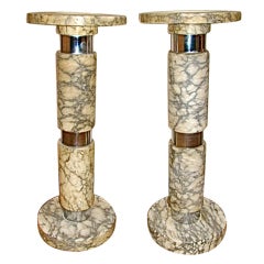 Italian Marble & Chrome Pedestal Table Pair