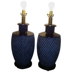 Pair of Chapman Blue Ceramic Textured Sculptural Table Lamps