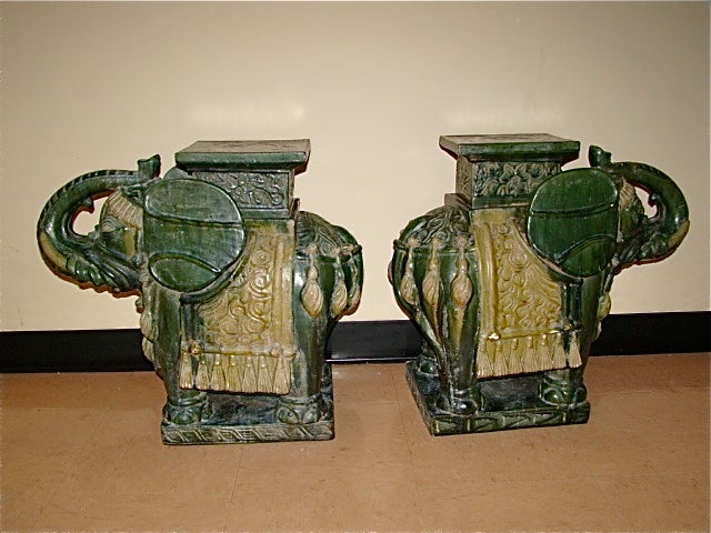 Vietnamese Pair of Glazed Terracotta Elephant Garden Tables / Stools