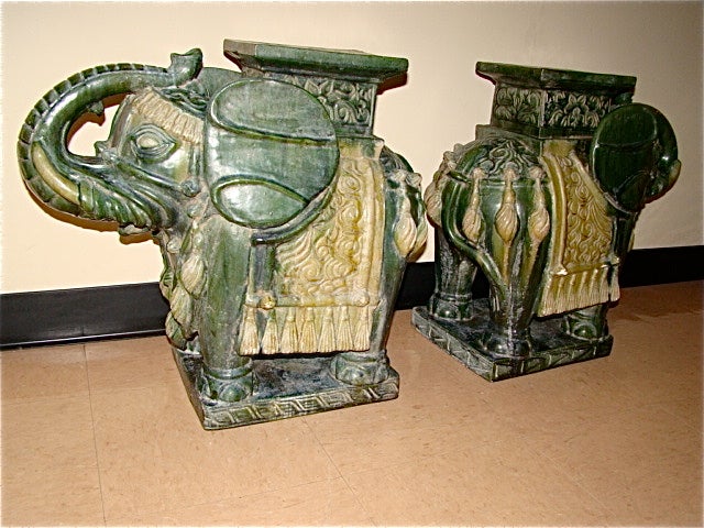 Mid-20th Century Pair of Glazed Terracotta Elephant Garden Tables / Stools