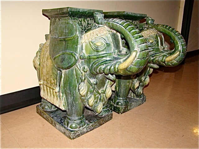 Pair of Glazed Terracotta Elephant Garden Tables / Stools 5