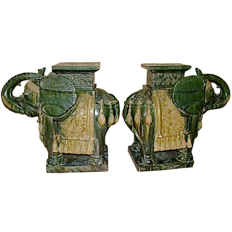Pair of Glazed Terracotta Elephant Garden Tables / Stools