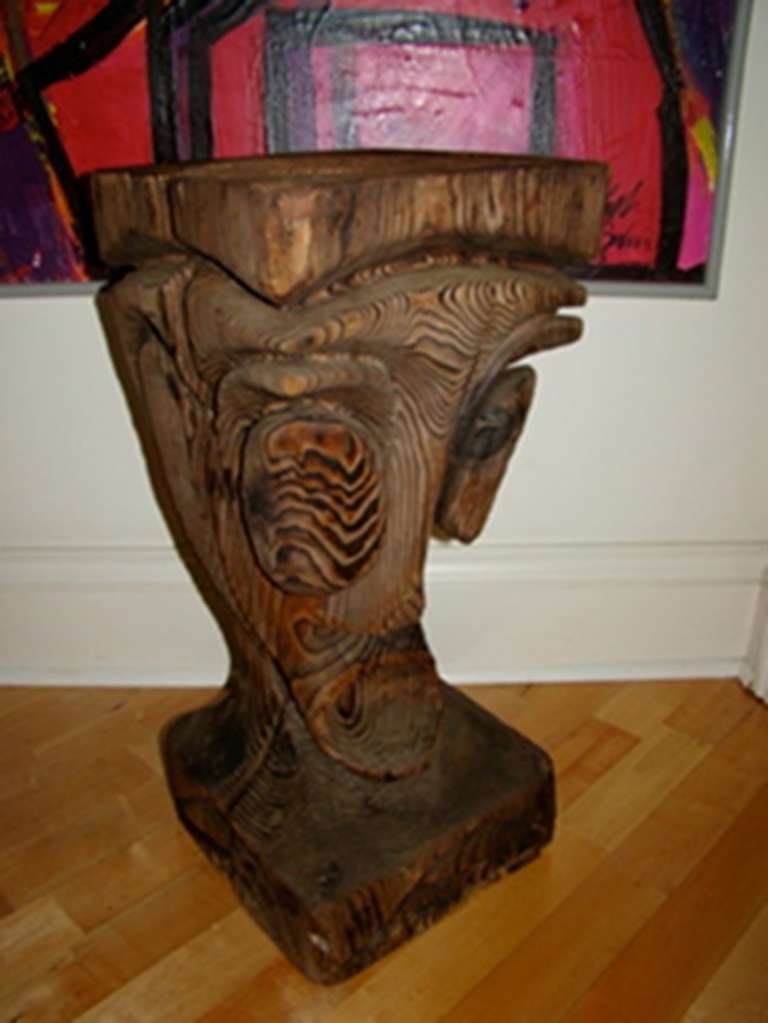 Exceptional Mid Century Tiki Bar Stool/ Table designed by William Westenhaven for Witco. Comprised of hand carved sculptural wood in the form of a tiki god. Can be used as a table or pad added for bar stool. Witco was famously used by Elvis in his