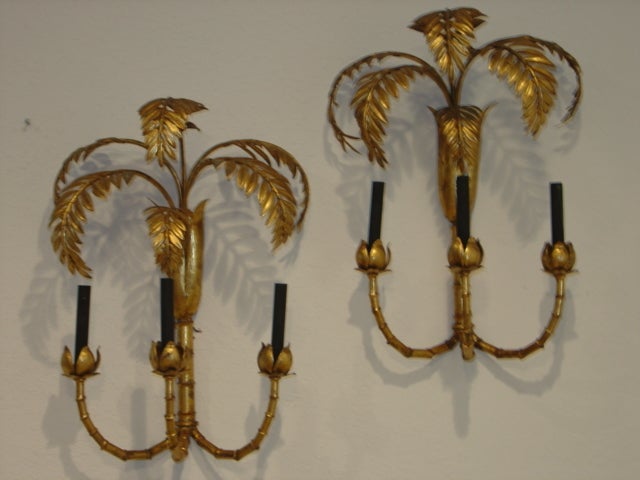 Mid-20th Century Monumental Gold Gilt Italian Palm Tree Wall Sconce Lamp Pair