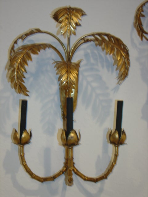 Metal Monumental Gold Gilt Italian Palm Tree Wall Sconce Lamp Pair
