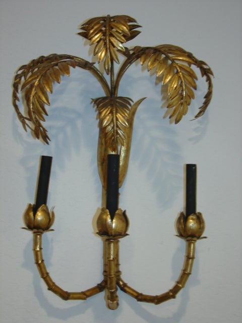 Monumental Gold Gilt Italian Palm Tree Wall Sconce Lamp Pair 1