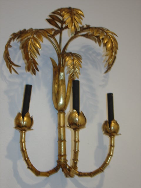 Monumental Gold Gilt Italian Palm Tree Wall Sconce Lamp Pair 2