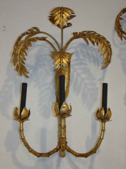 Monumental Gold Gilt Italian Palm Tree Wall Sconce Lamp Pair 3