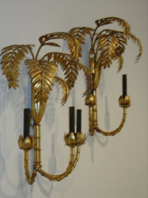 Monumental Gold Gilt Italian Palm Tree Wall Sconce Lamp Pair 4