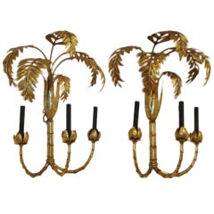 Monumental Gold Gilt Italian Palm Tree Wall Sconce Lamp Pair