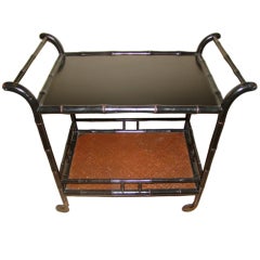 Faux Bamboo Black Lacquer & Grasscloth Rolling Bar Cart