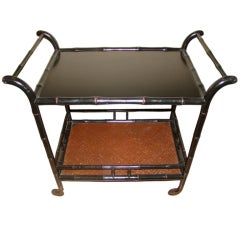 Faux Bamboo Black Lacquer 
Grasscloth Rolling Bar Cart