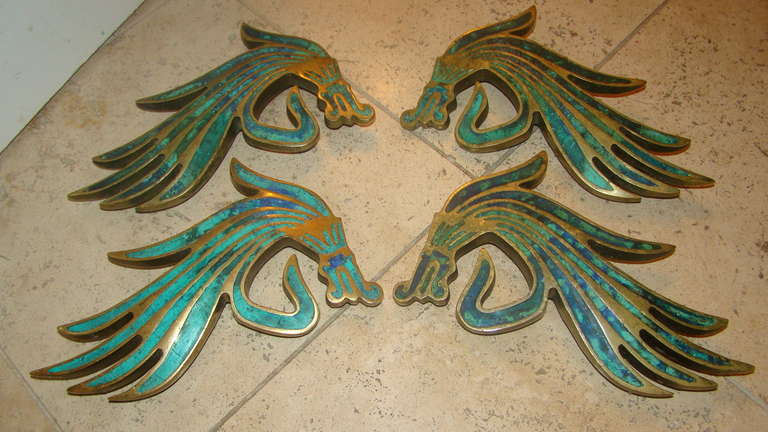 Exceptional and hard to find set of 4 Matching Large Bronze & Green Composite Inlay Door / Cabinet Pulls by Pepe Mendoza.  Each signed Mendoza in the bronze. Very heavy and solid perfect for a Door or amazing cabinet.