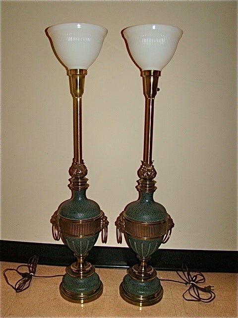 American Stiffel Brass & Verdigris Lion Motif Table Lamp Pair