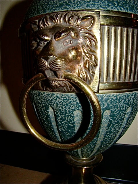 Late 20th Century Stiffel Brass & Verdigris Lion Motif Table Lamp Pair