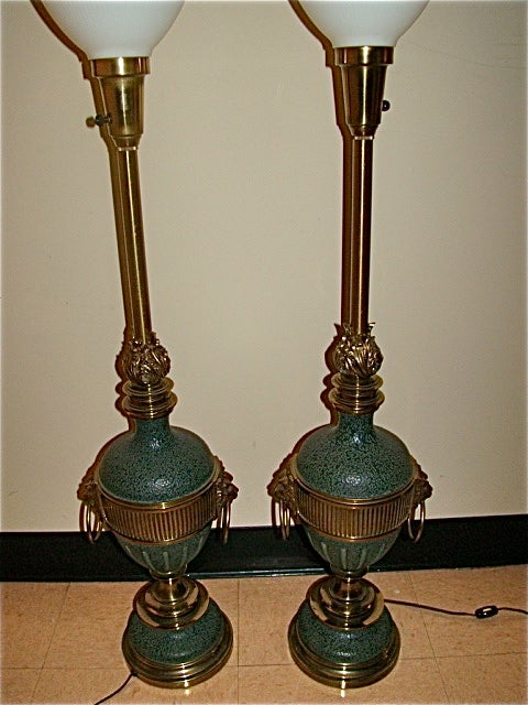 Stiffel Brass & Verdigris Lion Motif Table Lamp Pair 3