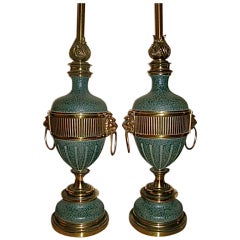Vintage Stiffel Brass & Verdigris Lion Motif Table Lamp Pair