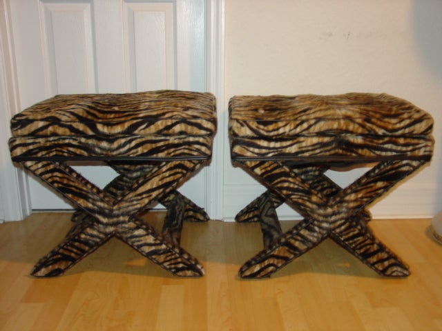 Pair Of X Stool Benches With Exotic Tiger Print Fabric