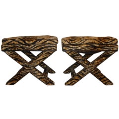 Pair Of X Stool Benches With Exotic Tiger Print Fabric