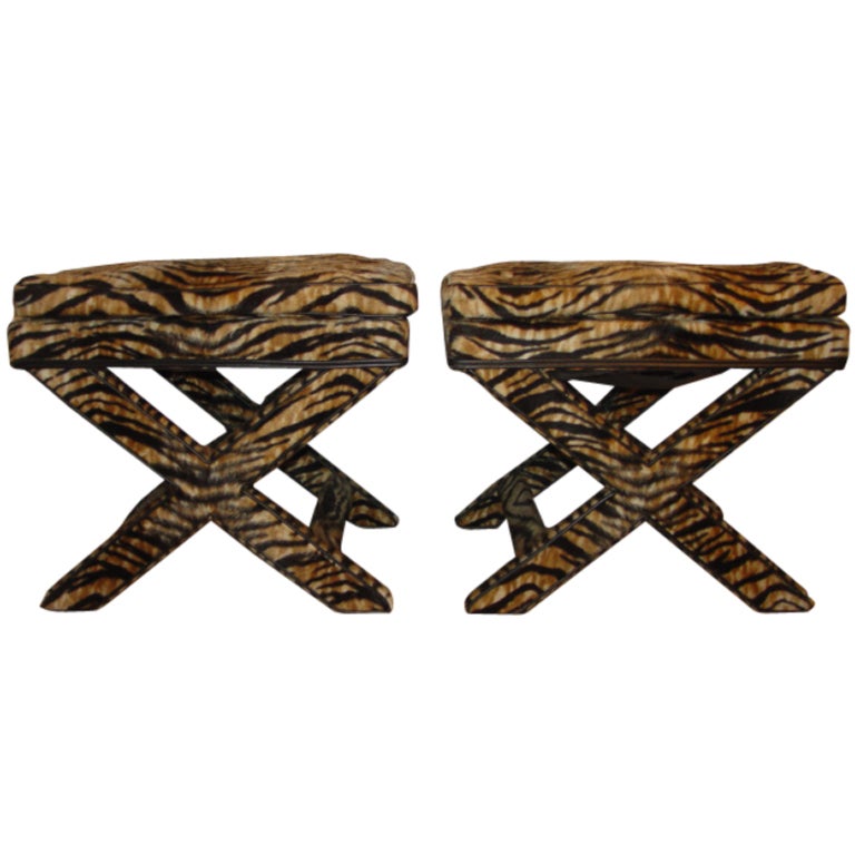 Pair Of X Stool Benches With Exotic Tiger Print Fabric at 1stdibs