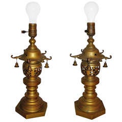 Pagoda Brass Mid Century Asian Modern Table Lamp Pair 
