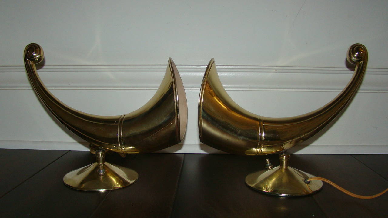 North American Stiffel Pair of Sculptural Brass Horn Table Lamps