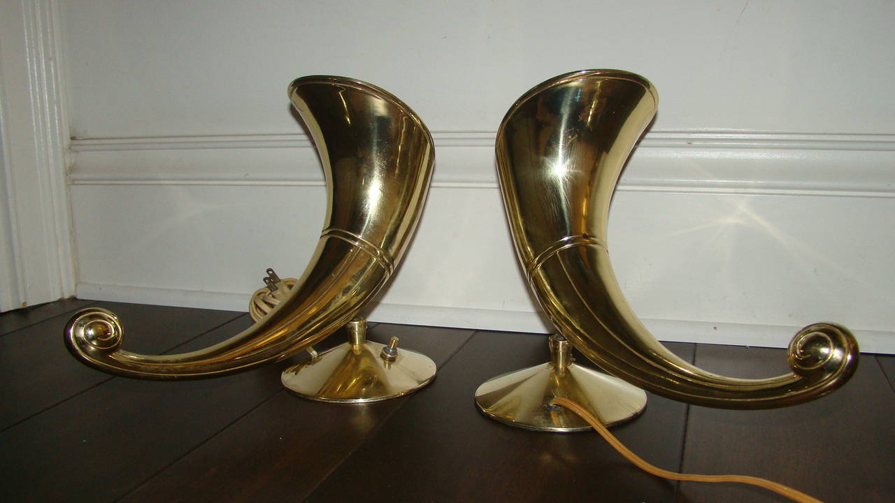 Late 20th Century Stiffel Pair of Sculptural Brass Horn Table Lamps