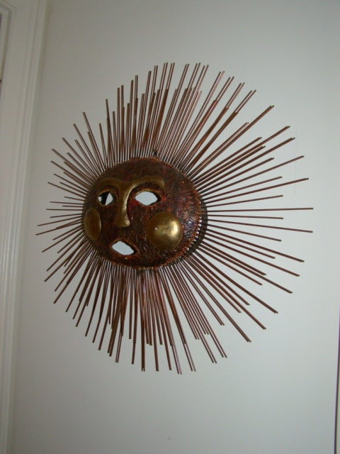 Brass C Jere Sun Face Wall Hanging Sculpture Sconce Lamp