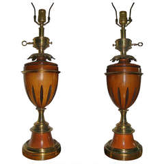 Pair of Stiffel Brass and Wood Mid Century Table Lamps