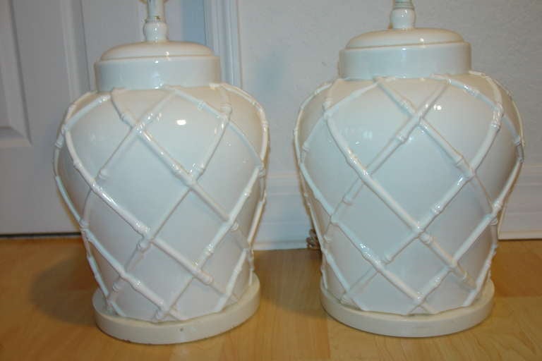 Palm Beach Regency Faux Bamboo Large Bulbous Pottery Table Lamp Pair