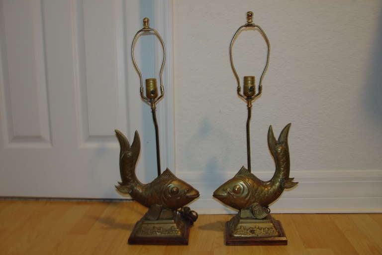 Unknown Mid Century Pair of Brass Koi Sculptural Fish Lamps