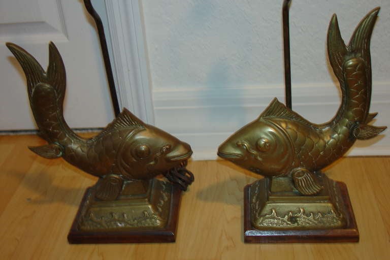 Mid-20th Century Mid Century Pair of Brass Koi Sculptural Fish Lamps