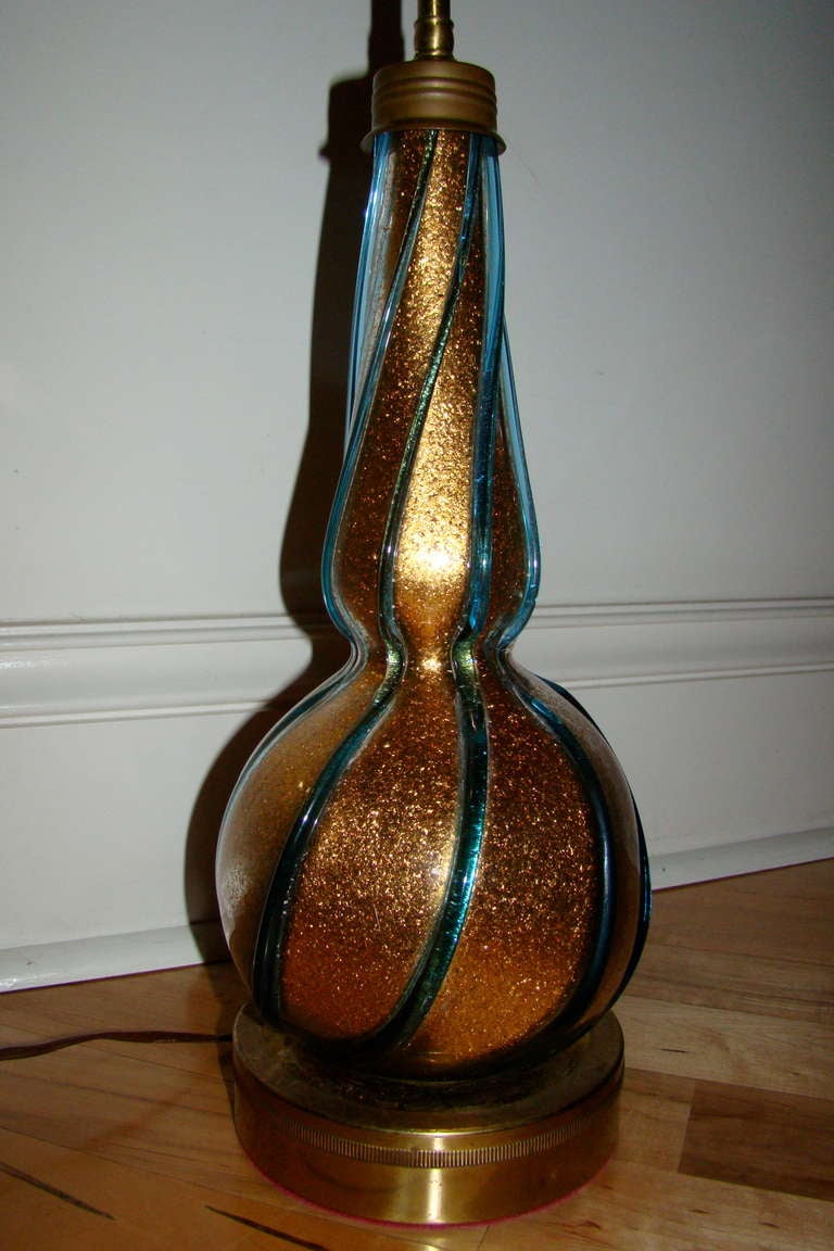 Murano Glass Barovier Gold Flake & Blue Swirl Table Lamp
