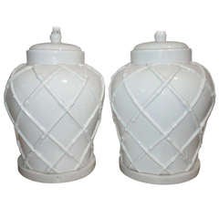 Palm Beach Regency Faux Bamboo Large Bulbous Pottery Table Lamp Pair