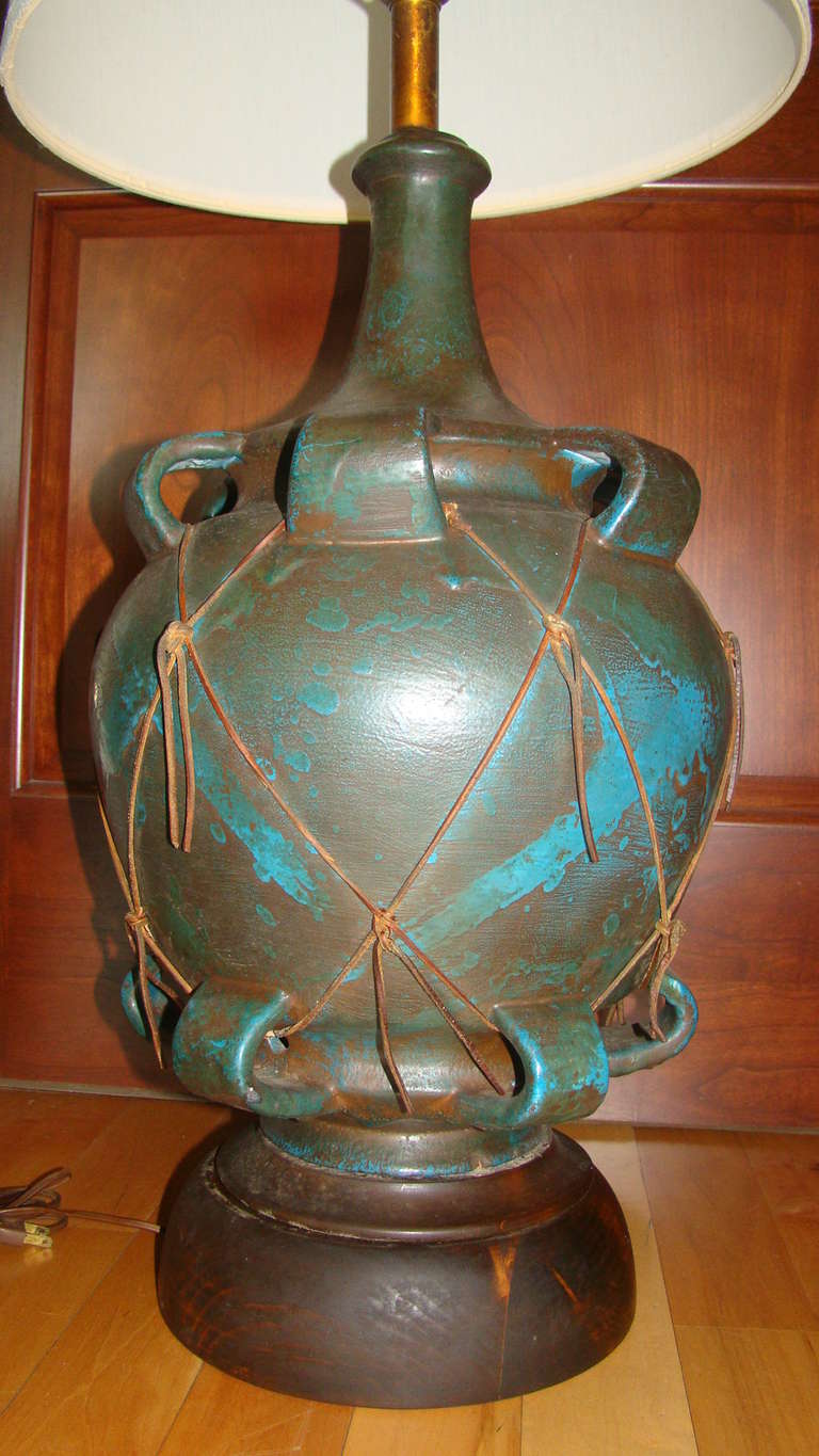 Italian Pottery & Leather Large Scale Table Lamp In Excellent Condition In Atlanta, GA