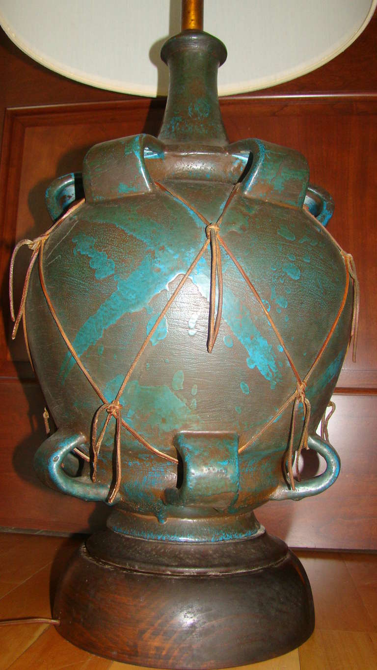 Italian Pottery & Leather Large Scale Table Lamp 1