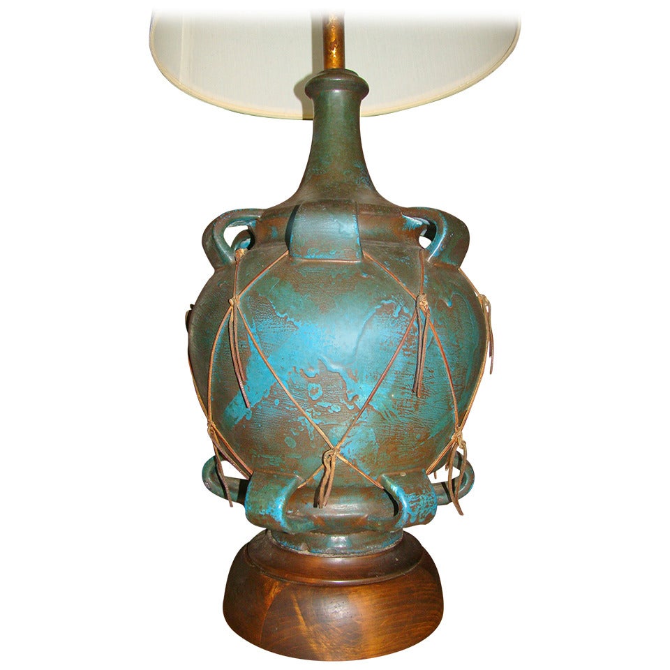 Italian Pottery & Leather Large Scale Table Lamp